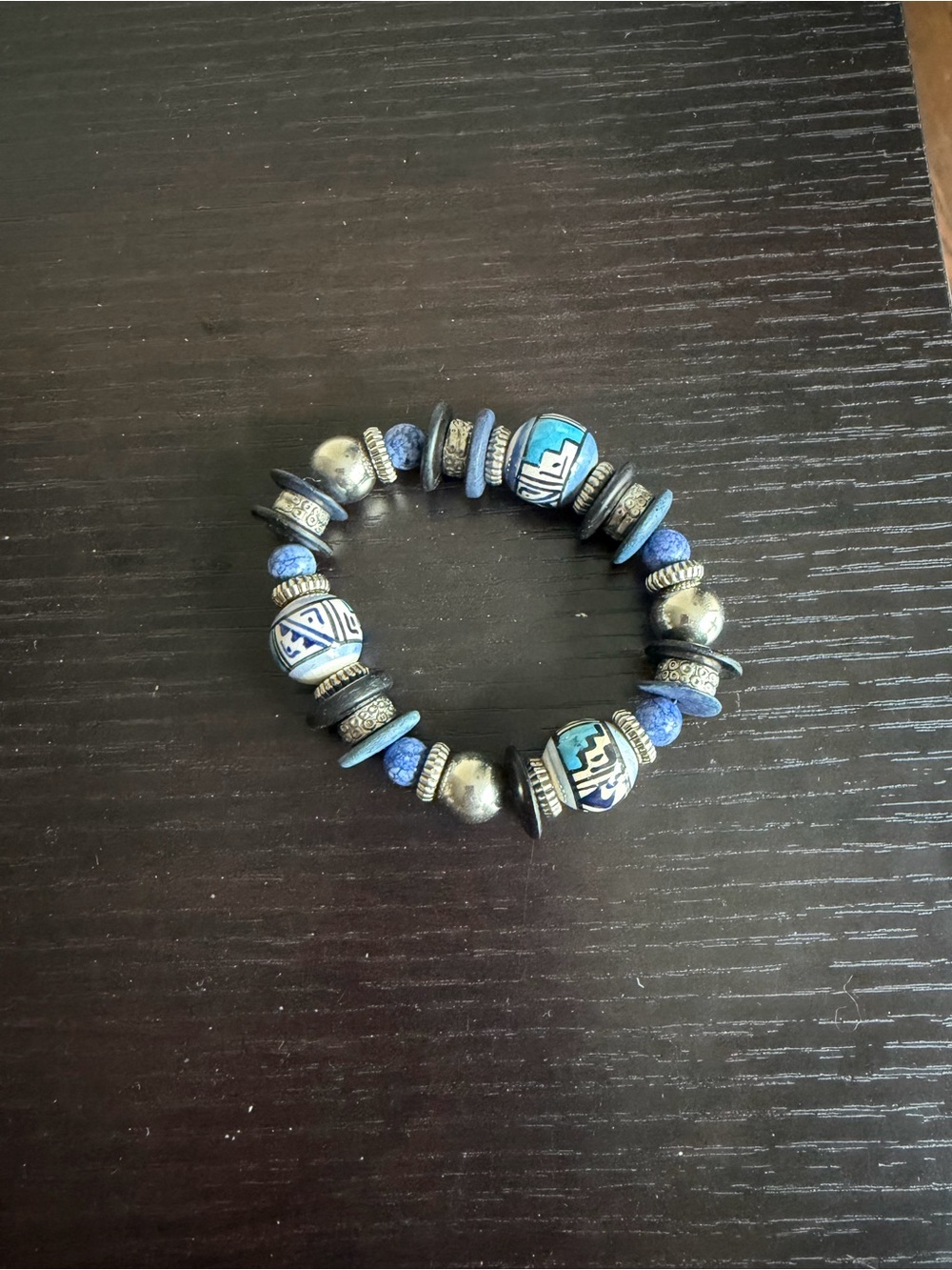 Blue Bead Stretch Bracelet with Silver Accents